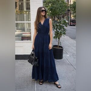 NATION AK OUTFITS/.Navy Crochet Tiered Maxi Dress | 100% Cotton | Size Large